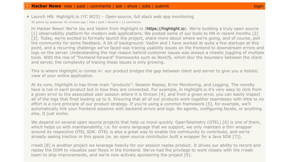 Screenshot of Hacker News post: Launch HN: Highlight.io (YC W23) – Open-source, full stack web app monitoring