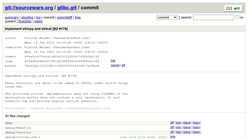 Screenshot of sourceware.org: Strlcpy and strlcat added to glibc 2.38