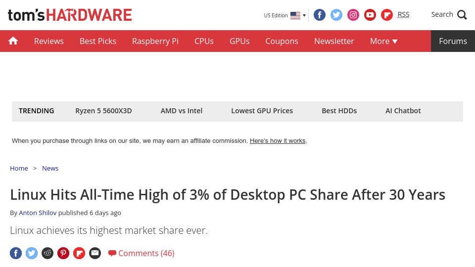 Screenshot of tomshardware.com: Linux Hits All-Time High of 3% of Desktop PC Share After 30 Years