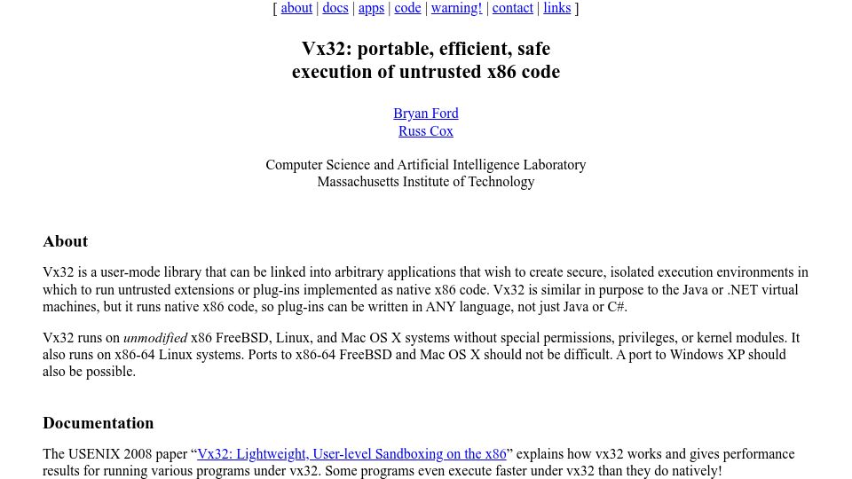Screenshot of pdos.csail.mit.edu: Vx32: Portable, efficient, safe user-space execution of untrusted x86 code (2008)