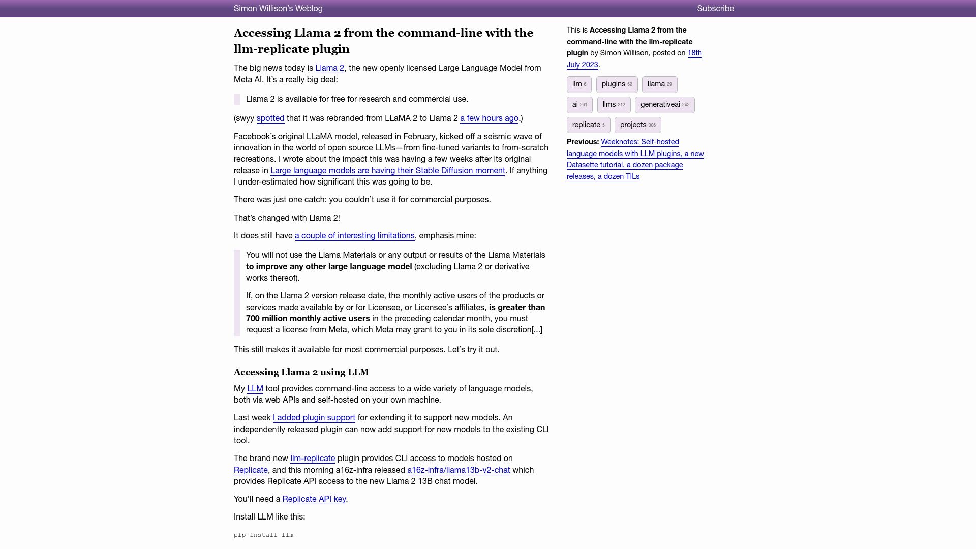 Screenshot of simonwillison.net: Accessing Llama 2 from the command-line with the LLM-replicate plugin