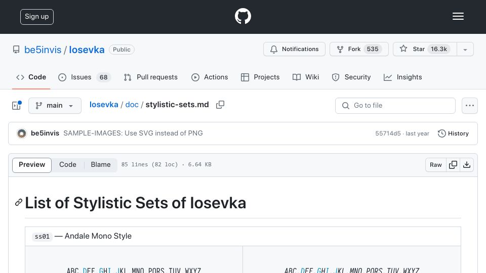 Screenshot of github.com: Iosevka typeface for code, from code