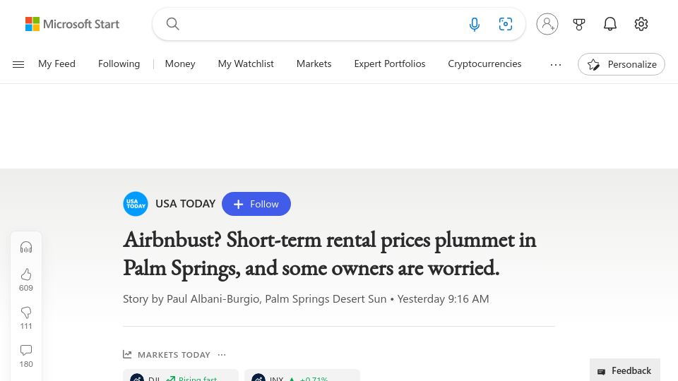 Screenshot of msn.com: Airbnbust? Short-term rental prices plummet in Palm Springs