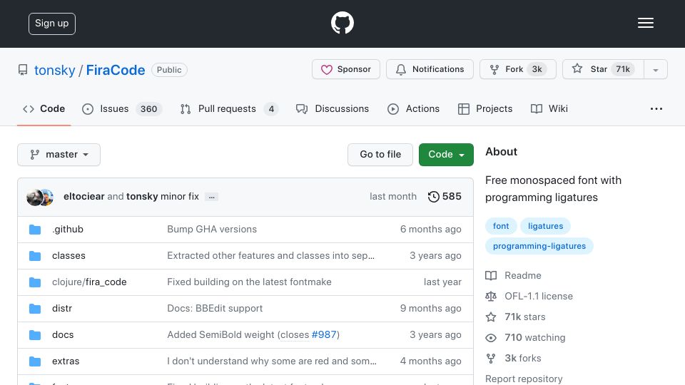 Screenshot of github.com: FiraCode: Free monospaced font with programming ligatures