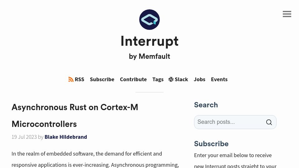 Screenshot of interrupt.memfault.com: Asynchronous Rust on Cortex-M microcontrollers
