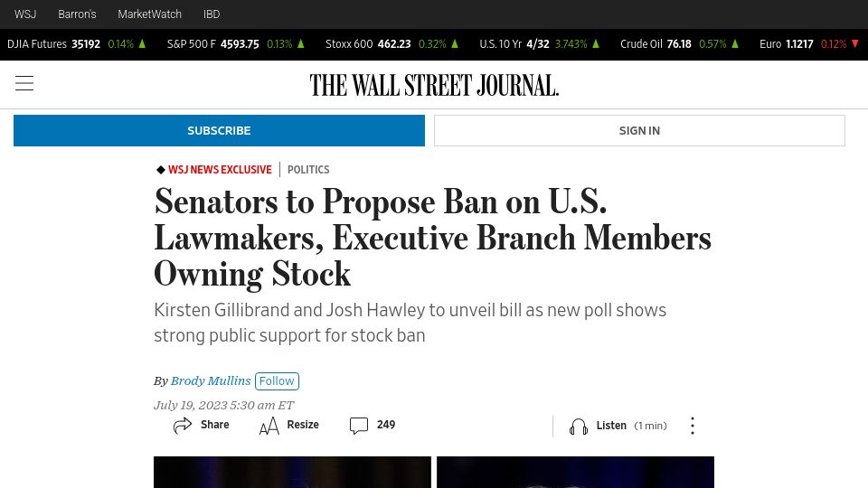 Screenshot of wsj.com: Senators to Propose Ban on U.S. Lawmakers, Executive Branch Members Owning Stock