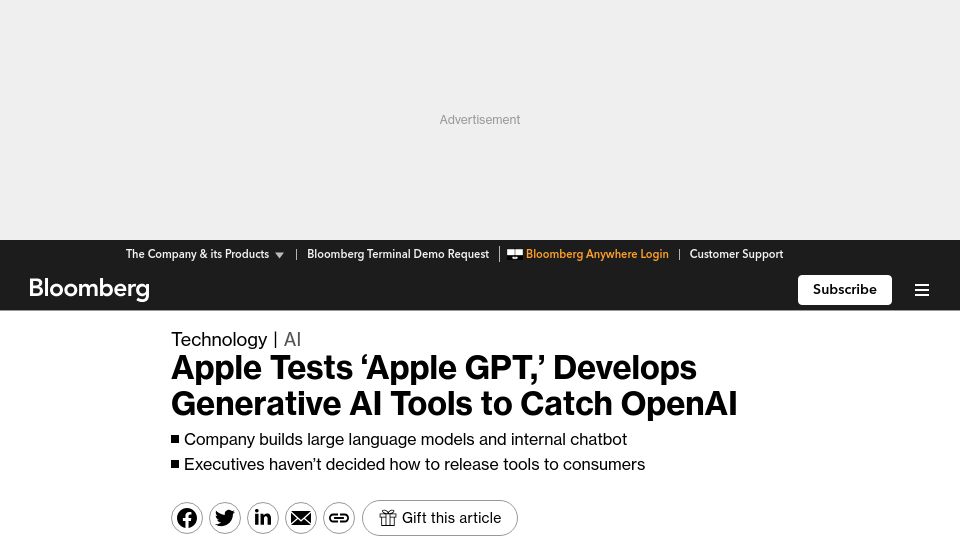 Screenshot of bloomberg.com: Apple Tests ‘Apple GPT,’ Develops Generative AI Tools to Catch OpenAI