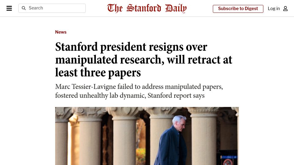 Screenshot of stanforddaily.com: Stanford president resigns over manipulated research, will retract 3 papers