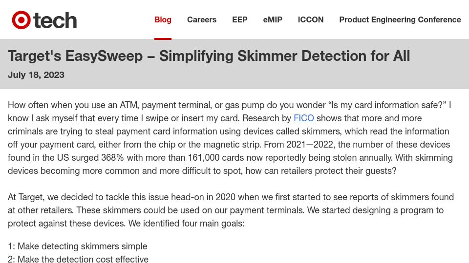 Screenshot of tech.target.com: Target's EasySweep – Simplifying Skimmer Detection