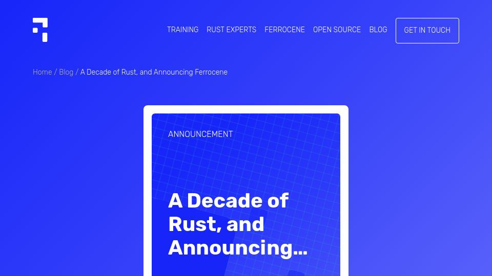 Screenshot of ferrous-systems.com: A Decade of Rust, and Announcing Ferrocene