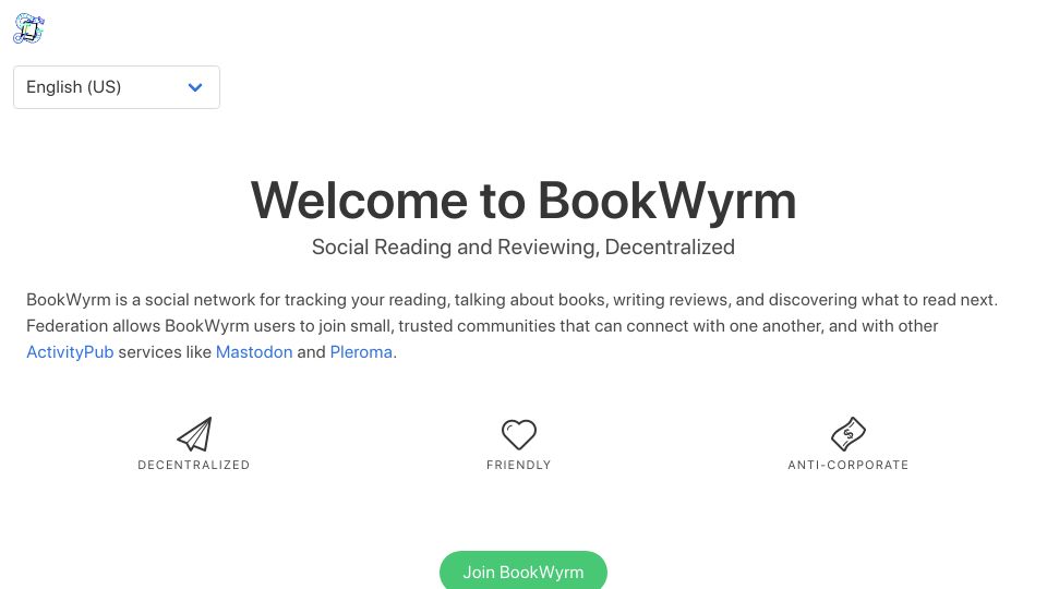 Screenshot of joinbookwyrm.com: Bookwyrm – A federated social network for reading books