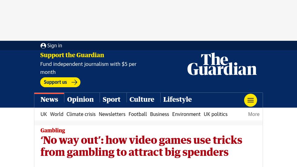 Screenshot of theguardian.com: ‘No way out’: how video games use tricks from gambling to attract big spenders