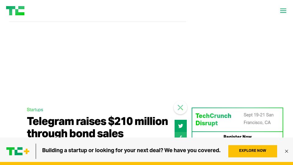 Screenshot of techcrunch.com: Telegram raises $210M through bond sales