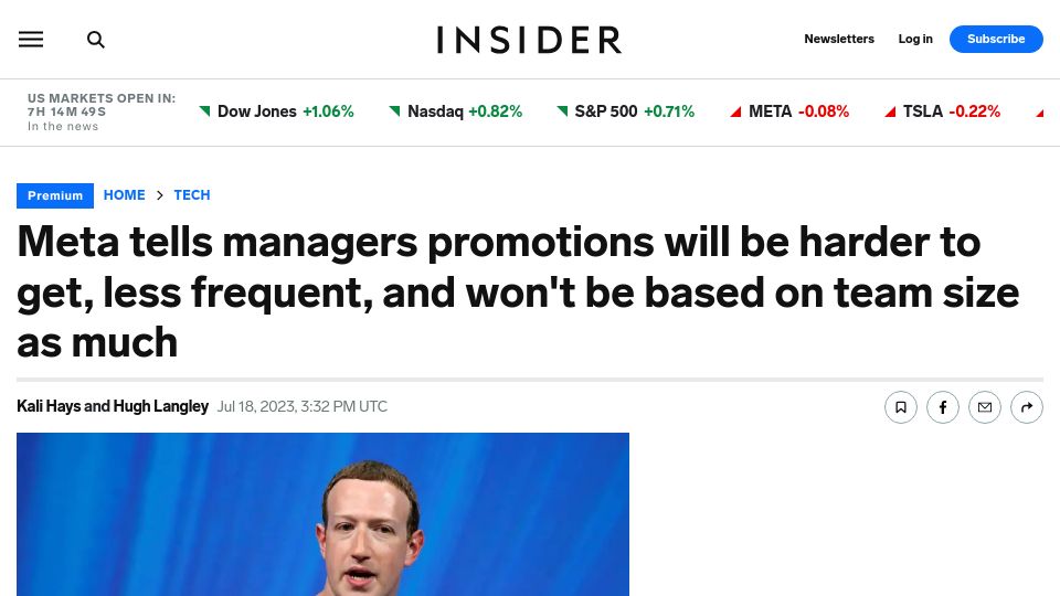 Screenshot of businessinsider.com: Meta Tells Managers Promotions Will Be Few and Far Between