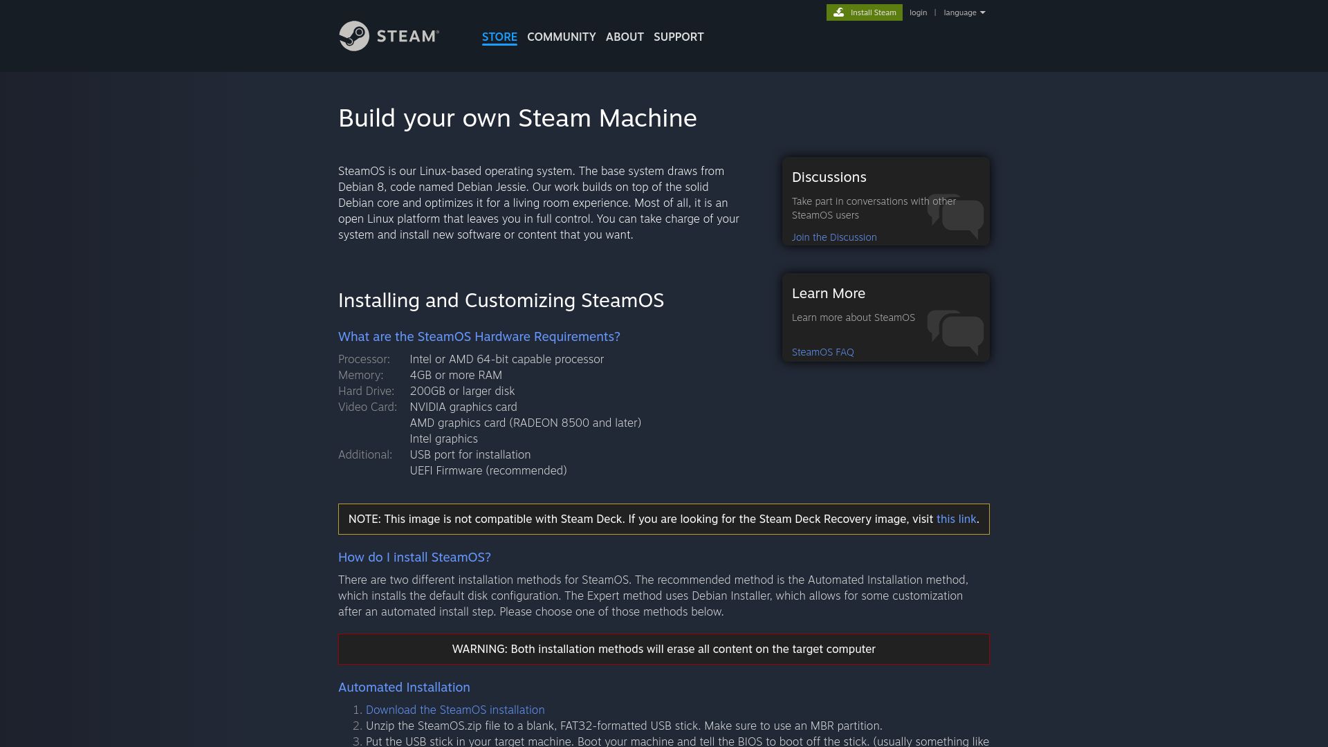 Screenshot of store.steampowered.com: SteamOS now available for custom hardware