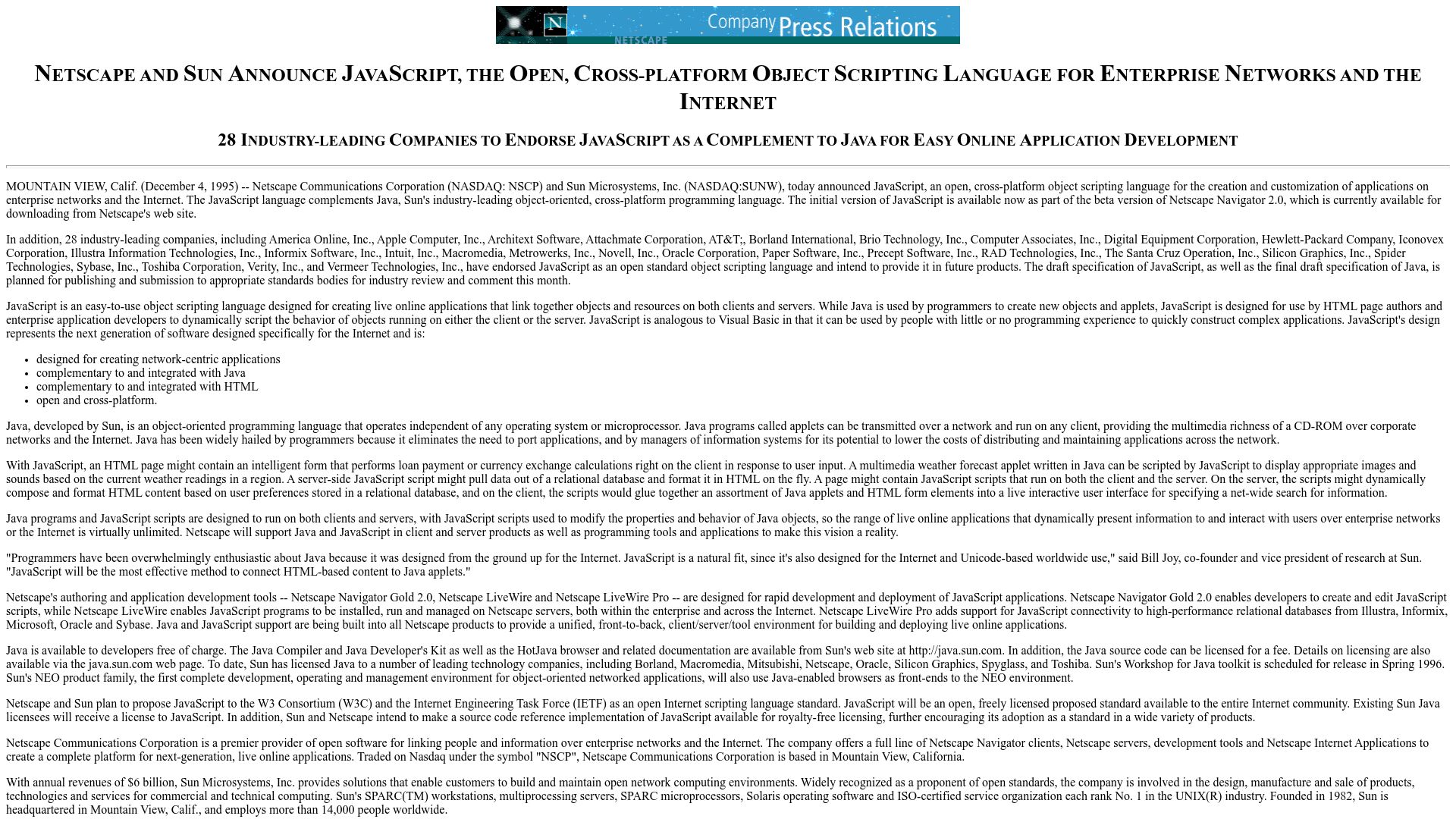 Screenshot of web.archive.org: Netscape and Sun announce JavaScript (1995)
