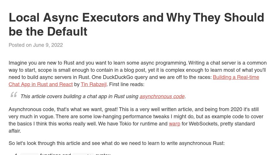 Screenshot of maciej.codes: Local async executors and why they should be the default