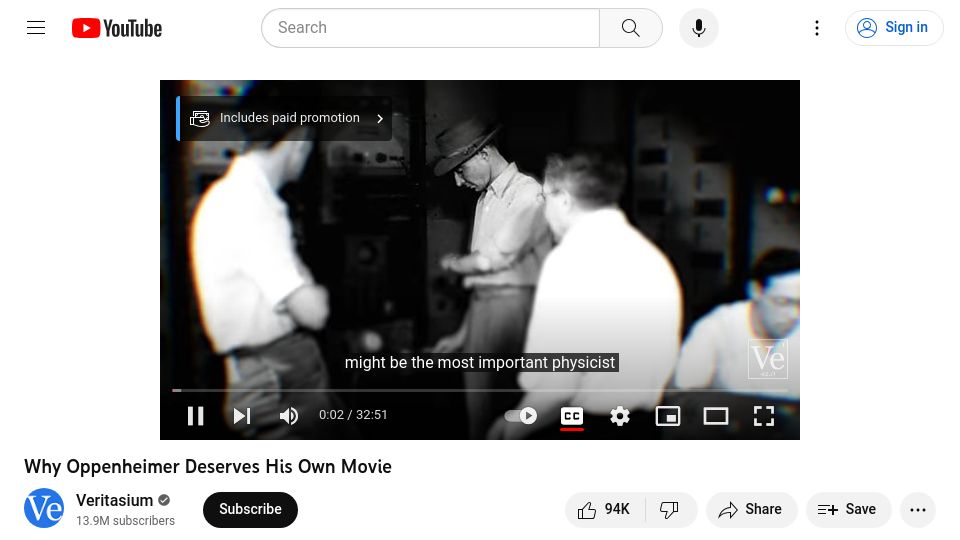 Screenshot of youtube.com: Why Oppenheimer Deserves His Own Movie [video]