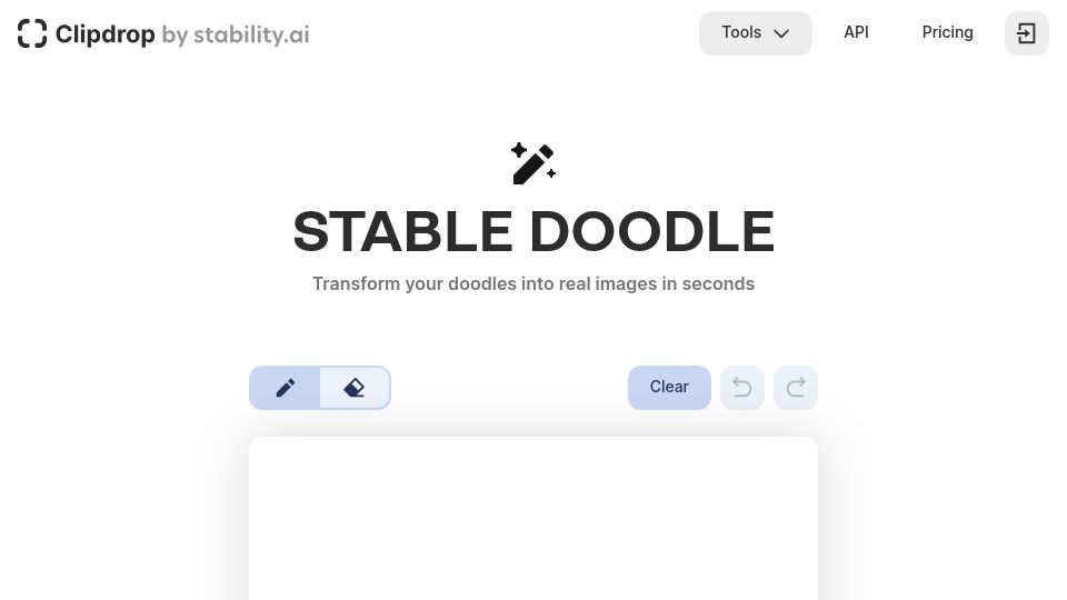 Screenshot of clipdrop.co: Stable Doodle: Transform your doodles into real images in seconds