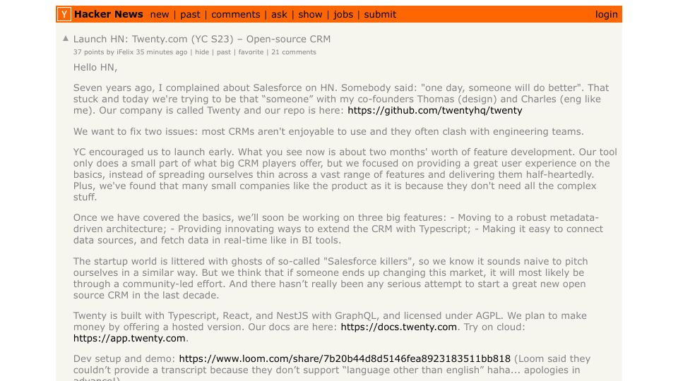 Screenshot of Hacker News post: Launch HN: Twenty.com (YC S23) – Open-source CRM