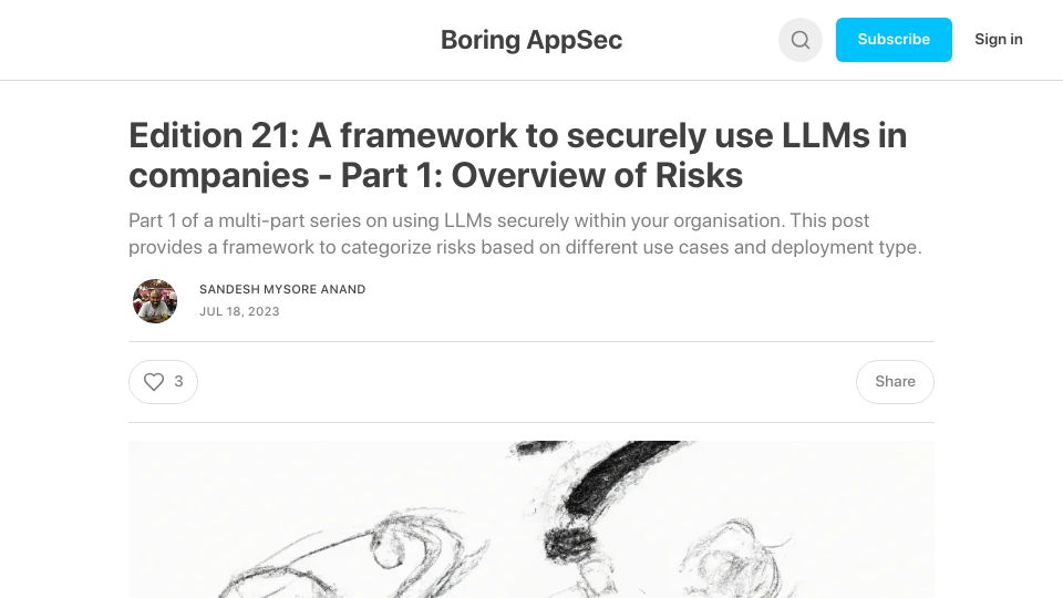 Screenshot of boringappsec.substack.com: A framework to securely use LLMs in companies – Part 1: Overview of Risks