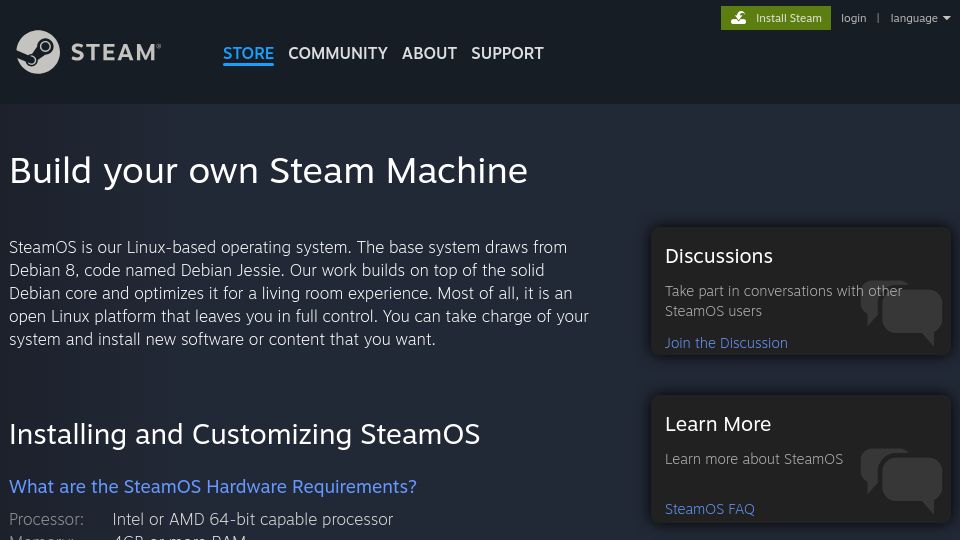 Screenshot of store.steampowered.com: SteamOS now available for custom hardware