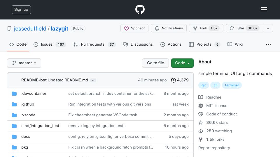 Screenshot of github.com: Lazygit: Simple terminal UI for Git commands