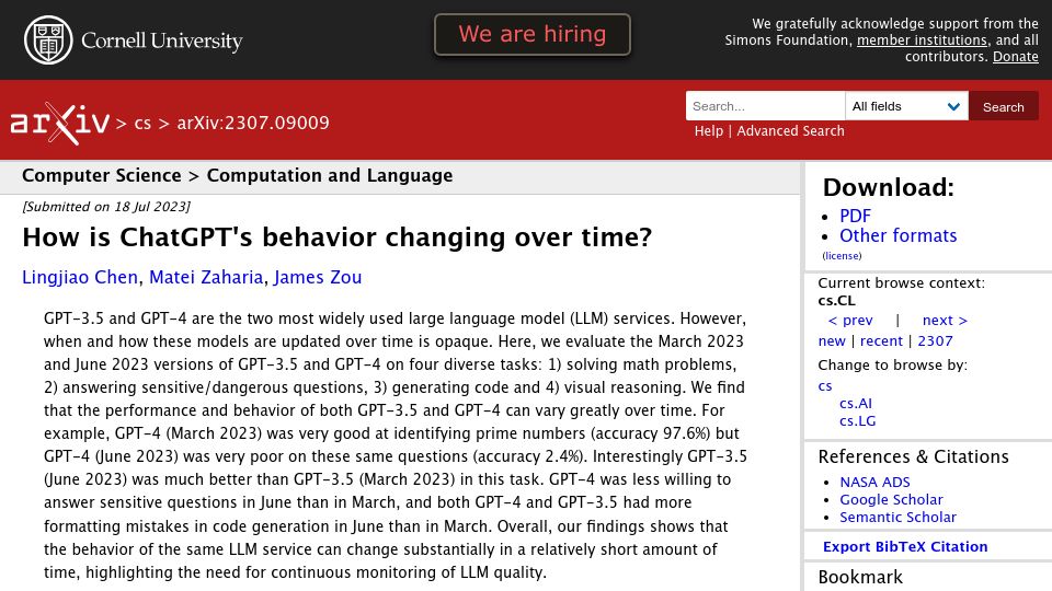 Screenshot of arxiv.org: How is ChatGPT's behavior changing over time?