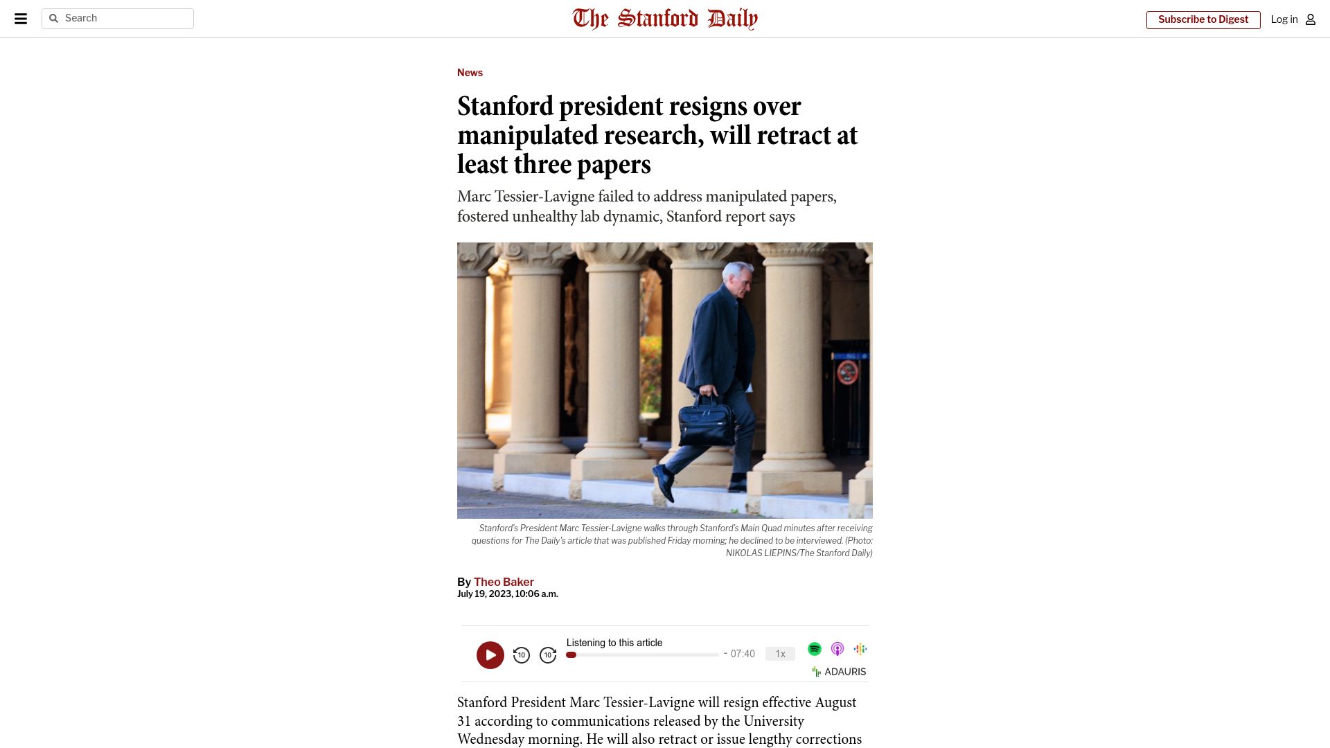 Screenshot of stanforddaily.com: Stanford president resigns over manipulated research, will retract 3 papers