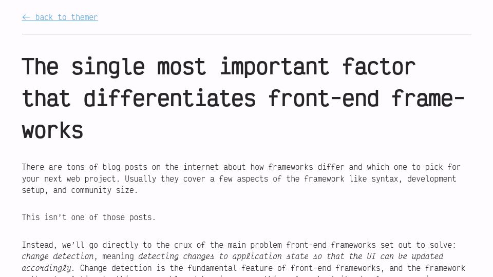 Screenshot of themer.dev: What dif­fer­enti­ates front-end frame­works