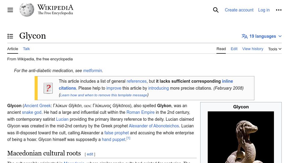 Screenshot of en.wikipedia.org: Glykon, was an ancient snake god