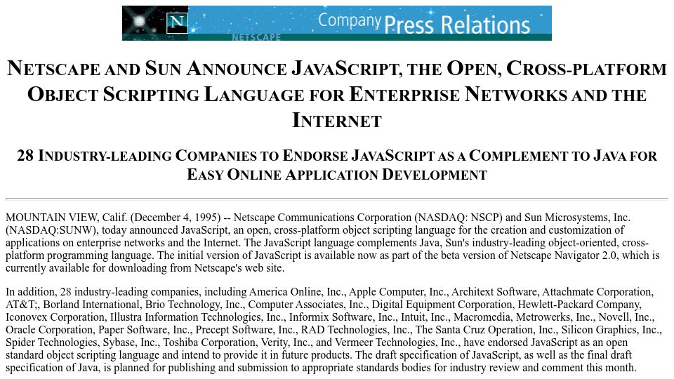 Screenshot of web.archive.org: Netscape and Sun announce JavaScript (1995)