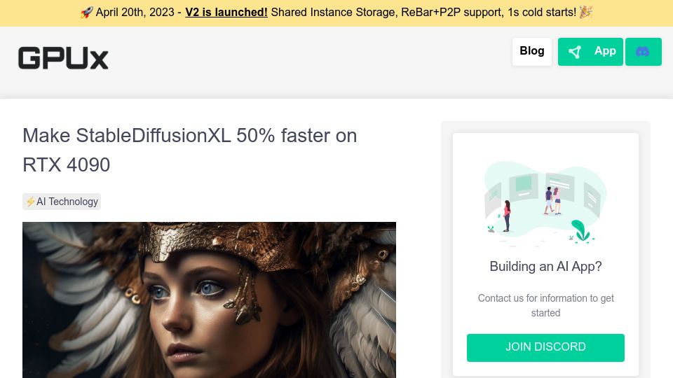Screenshot of gpux.ai: Use pytorch2+cu118 with ADA hardware for 50%+ speedup