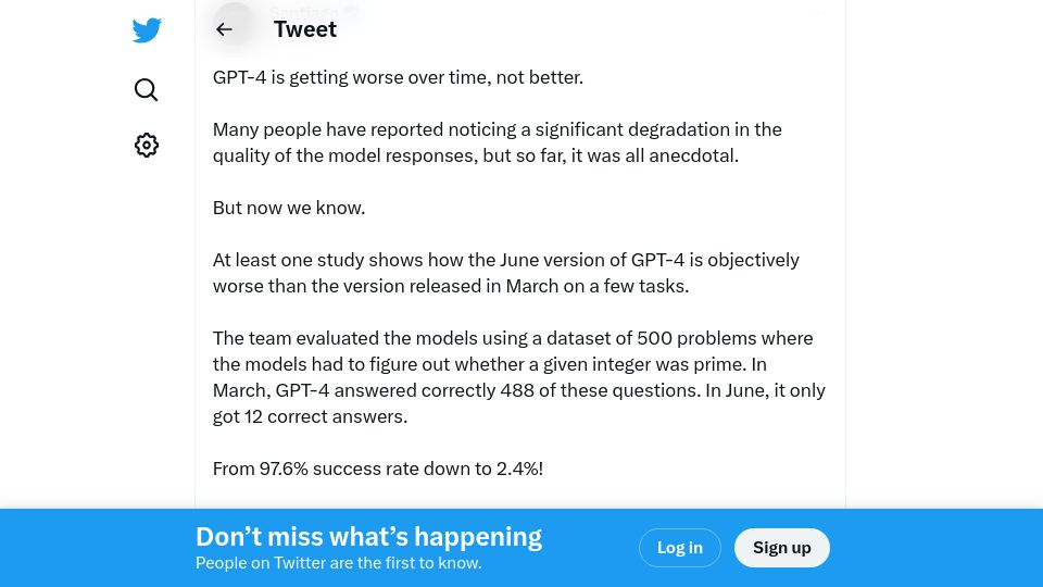 Screenshot of twitter.com: GPT-4 is getting worse over time, not better