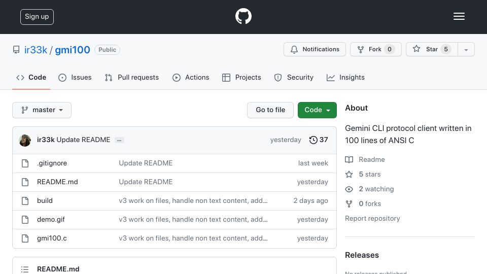Screenshot of github.com: Show HN: Gemini web client in 100 lines of C