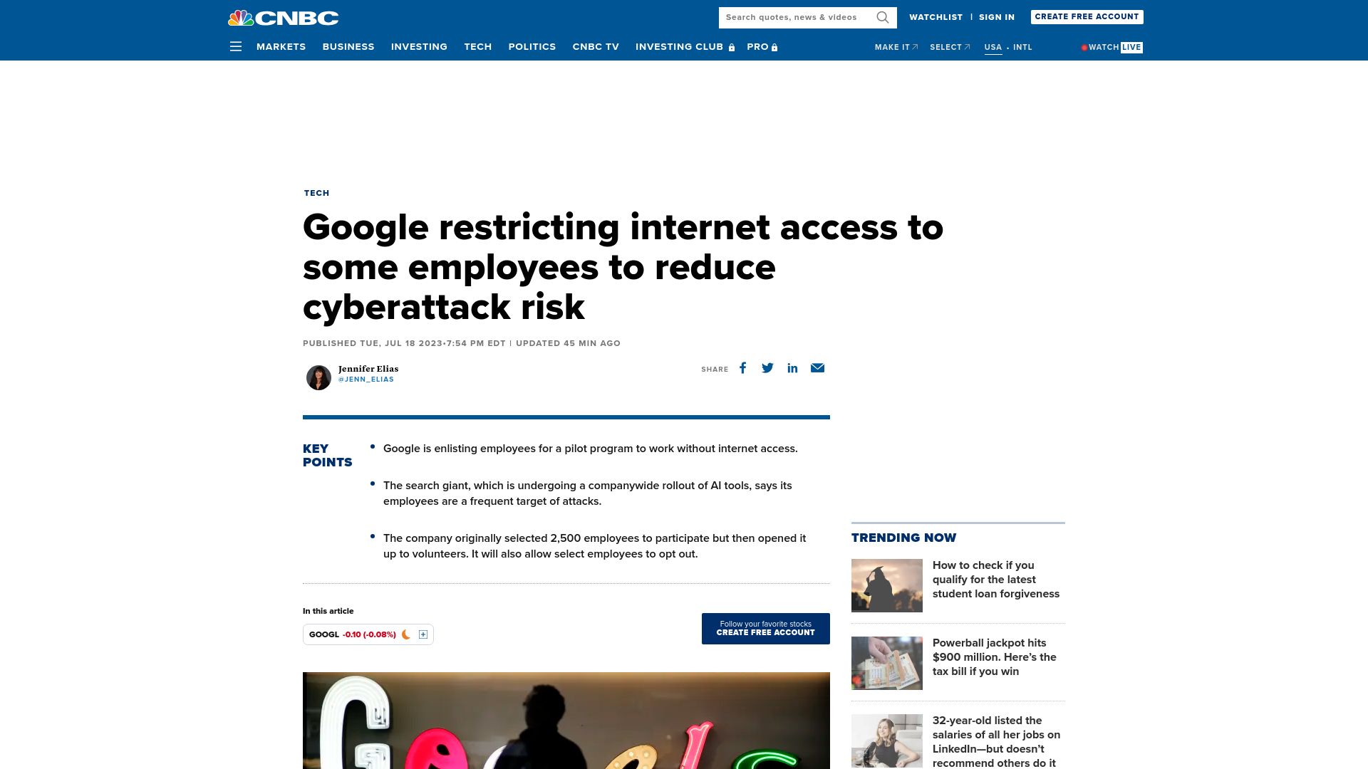 Screenshot of cnbc.com: Google restricting internet access to some employees for security