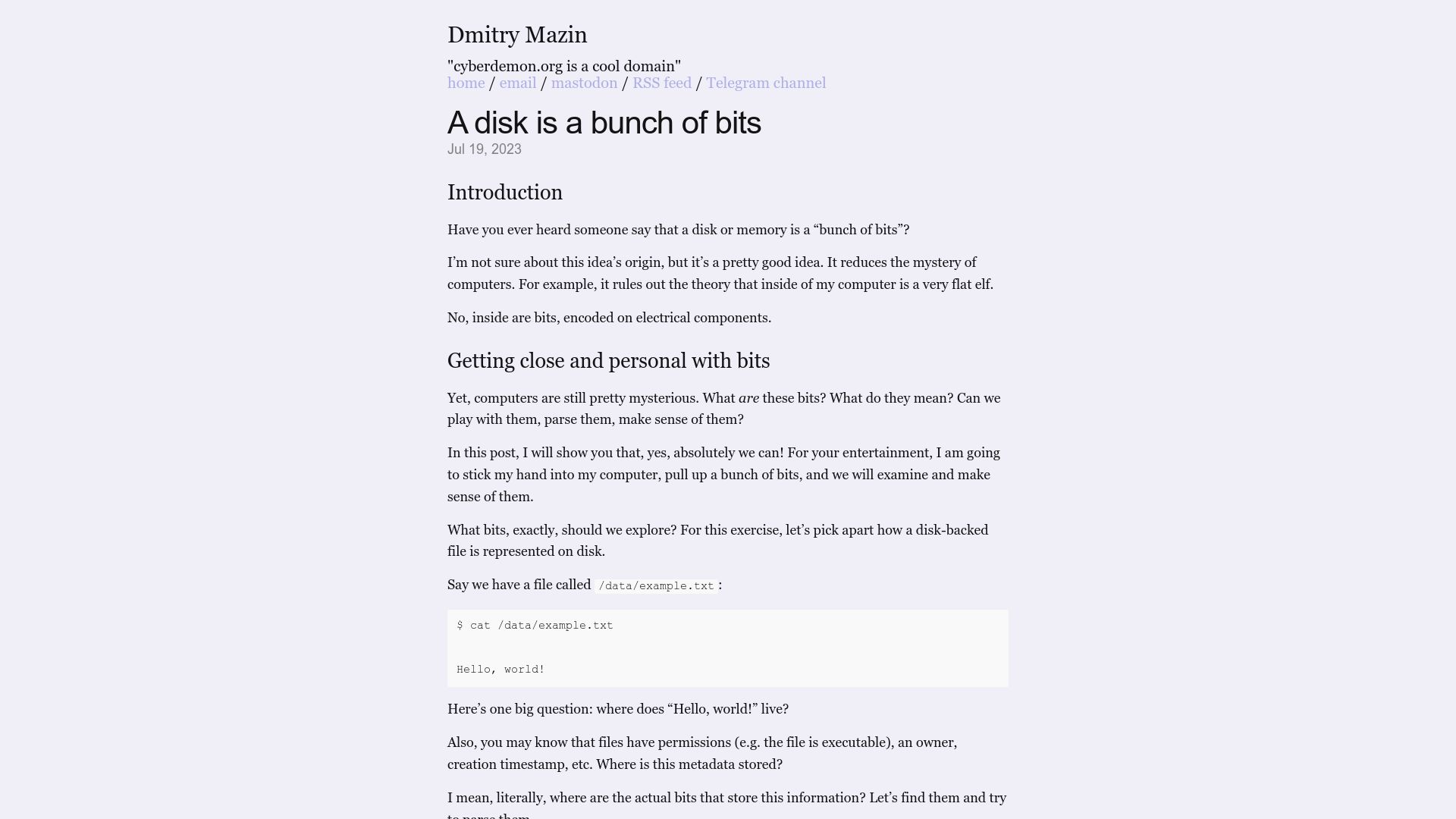 Screenshot of cyberdemon.org: A disk is a bunch of bits