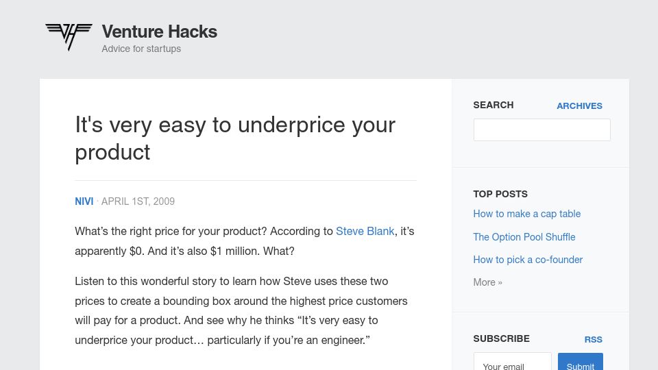 Screenshot of venturehacks.com: It's easy to underprice your product (2009)
