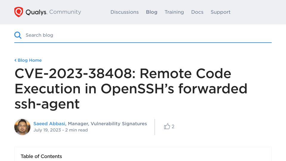 Screenshot of blog.qualys.com: Remote code execution in OpenSSH’s forwarded SSH-agent