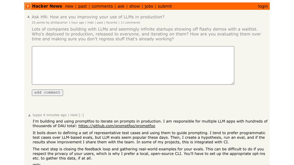 Screenshot of Hacker News post: Ask HN: How are you improving your use of LLMs in production?