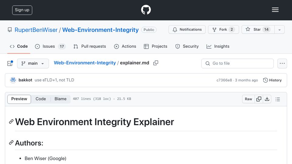 Screenshot of github.com: Web Environment Integrity Explainer