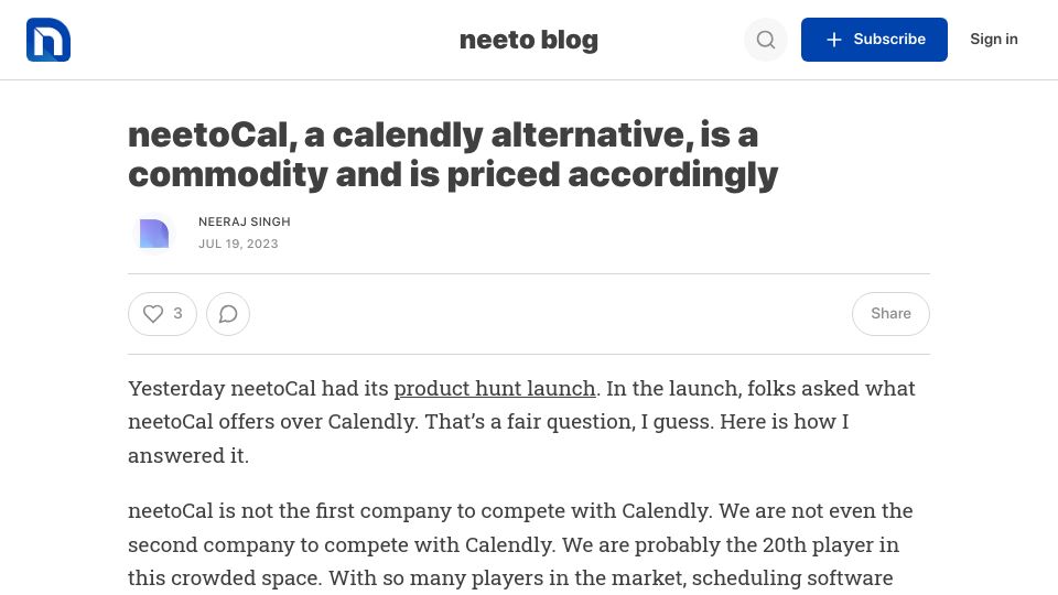 Screenshot of blog.neeto.com: NeetoCal, a calendly alternative, is a commodity and is priced accordingly