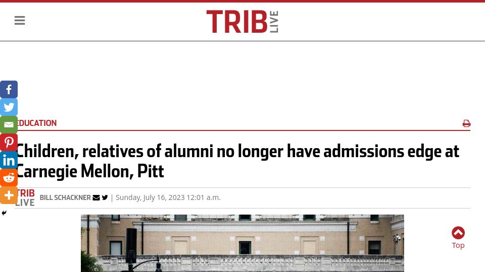 Screenshot of triblive.com: Children of alumni no longer have admissions edge at Carnegie Mellon, Pitt