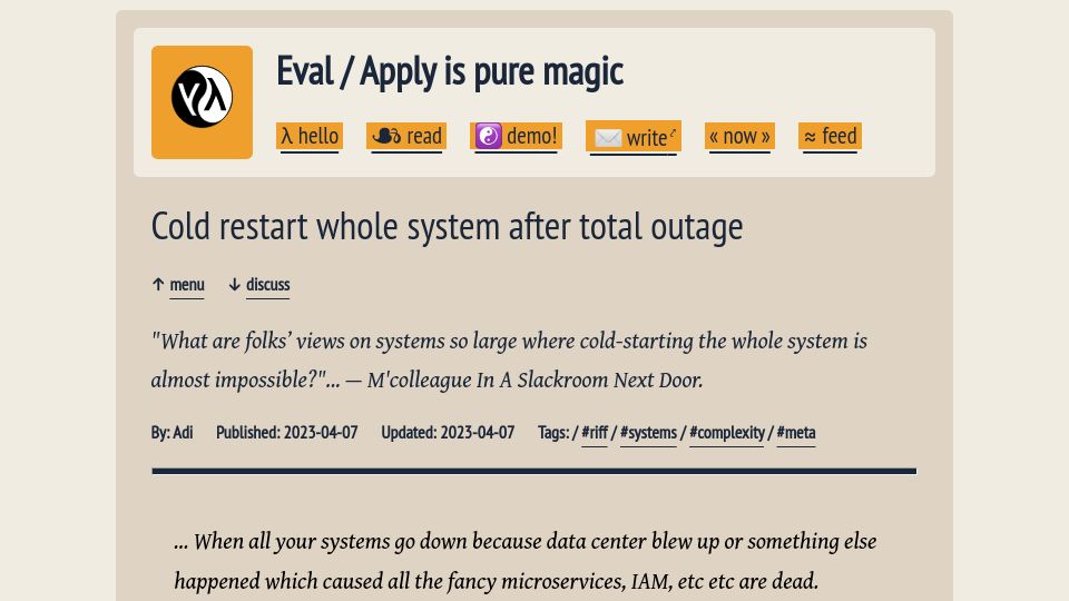 Screenshot of evalapply.org: Cold restart whole system after total outage