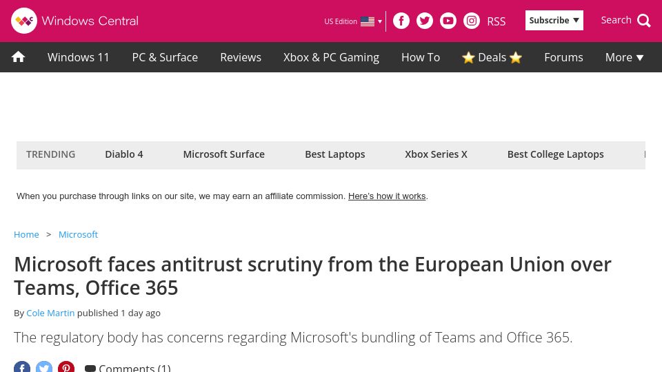 Screenshot of windowscentral.com: Microsoft faces antitrust scrutiny from the EU over Teams, Office 365
