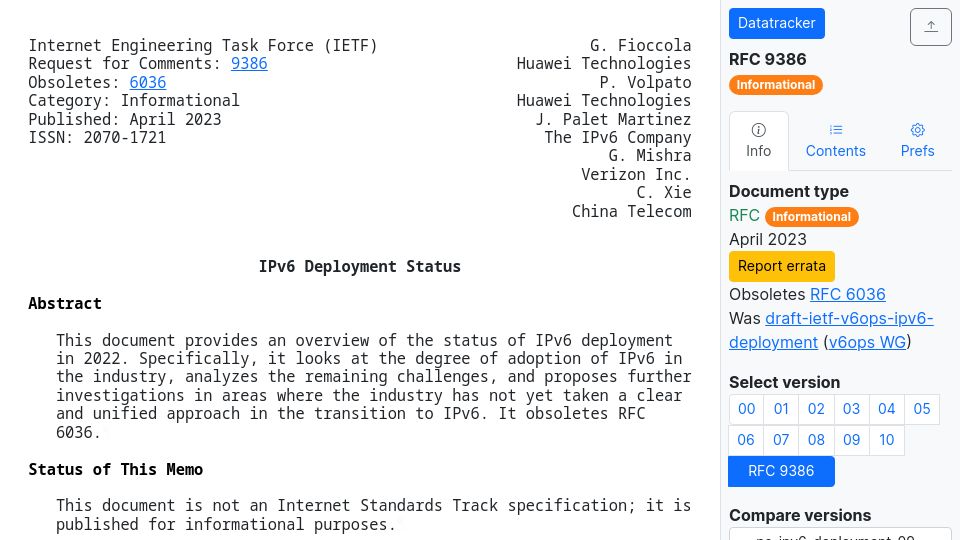 Screenshot of datatracker.ietf.org: IPv6 Deployment Status