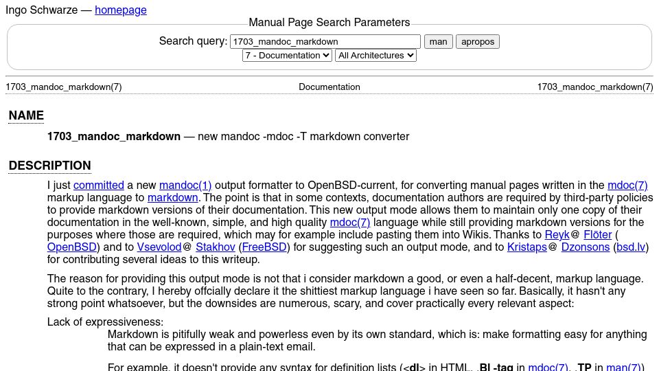 Screenshot of schwarze.bsd.lv: On why Markdown is not a good, or even a half-decent, markup language