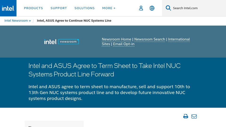 Screenshot of intel.com: ASUS to manufacture and sell Intel’s NUC products