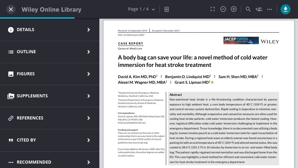 Screenshot of onlinelibrary.wiley.com: Novel method of cold water immersion for heat stroke