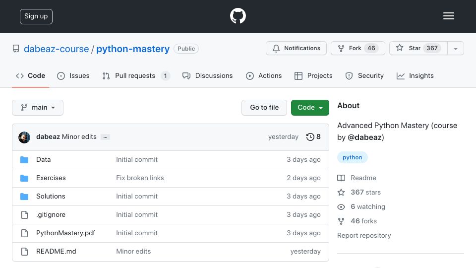 Screenshot of github.com: Advanced Python Mastery